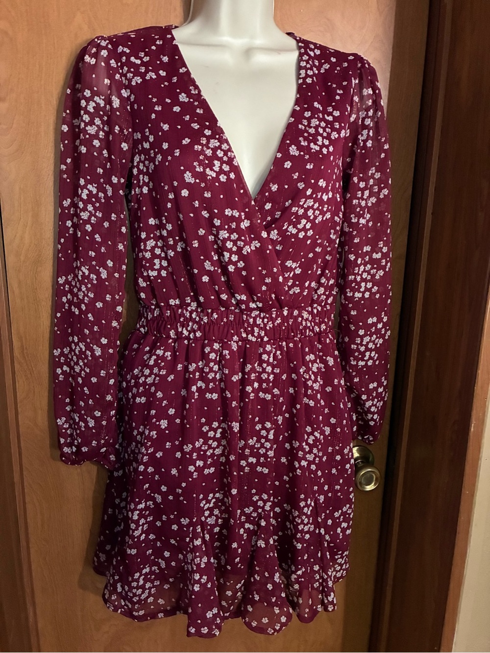 Long Sleeve Burgundy Floral Wrap Dress Small Cottagecore